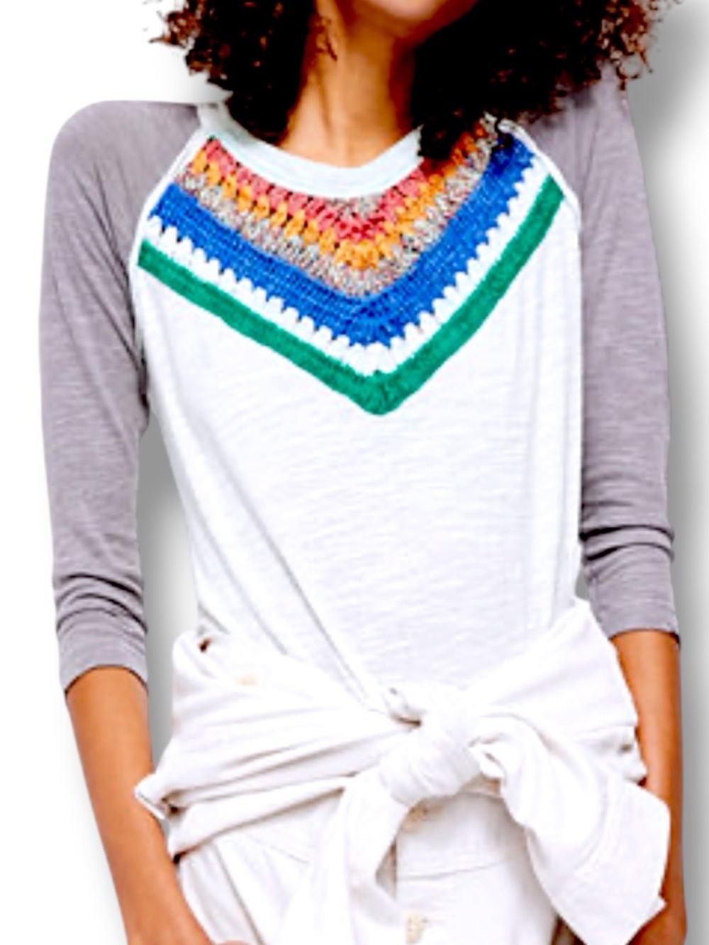 We The Free Spring Bound Long Sleeve Top Crochet Trim Raglan Knit Slub Tee Small